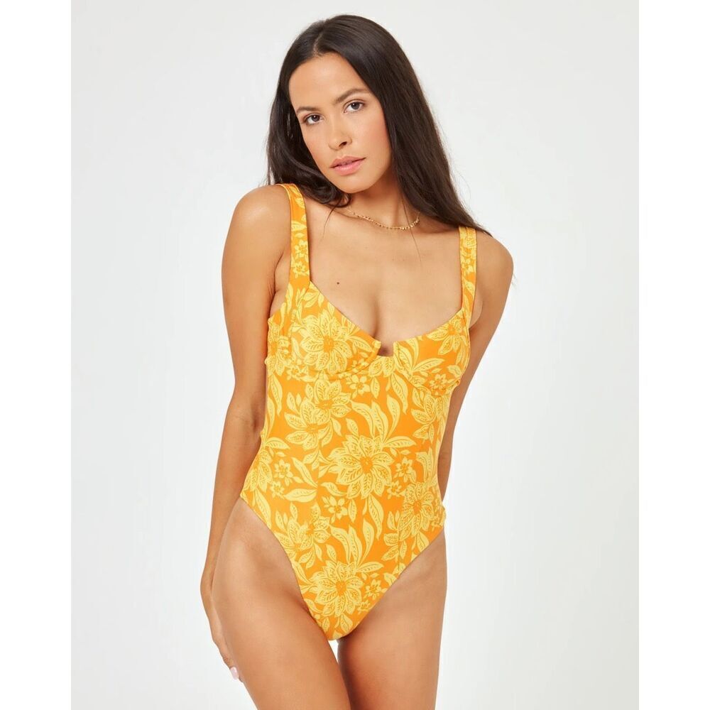 L*Space size S Printed Kendal One Piece Swimsuit Bow Back Orange Yellow Floral